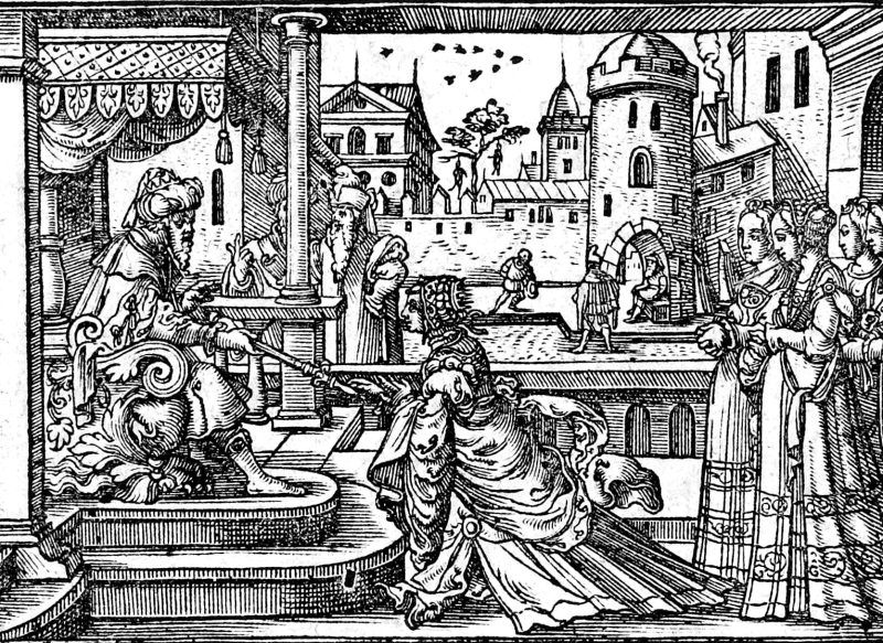 Esther's Banquet, woodcut by Virgil Solis