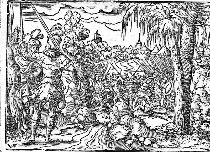 Moses' Hands Held Up Against Amalek, woodcut by Virgil Solis