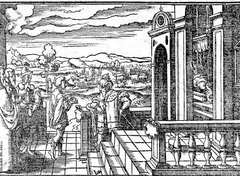 Joseph Interprets Pharaoh's Dream, woodcut by Virgil Solis
