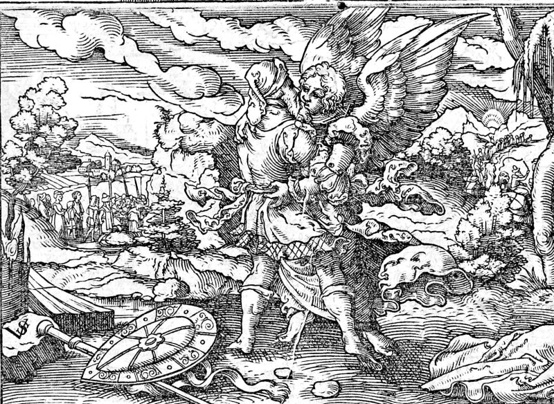 Jacob at Peniel, woodcut by Virgil Solis