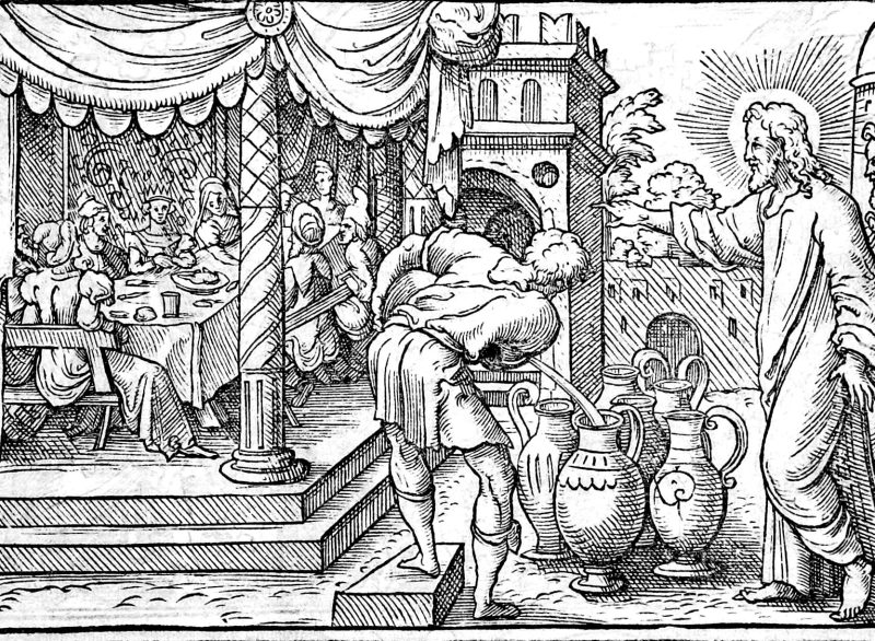 The Marriage at Cana and the Cleansing of the Temple, woodcut by Virgil Solis