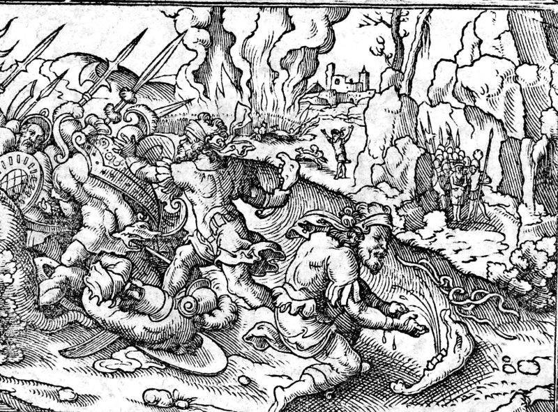 Samson Slays the Philistines with the Jawbone, woodcut by Virgil Solis