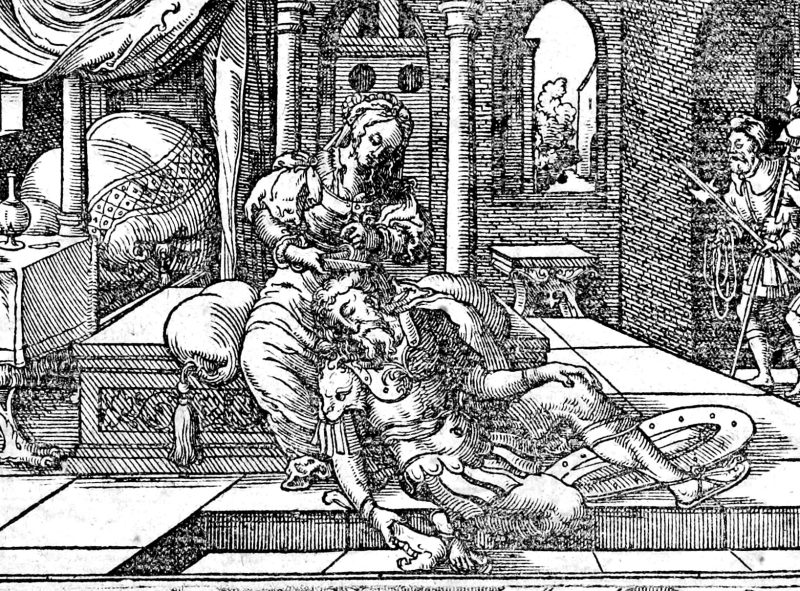 Samson Betrayed and Blinded, woodcut by Virgil Solis