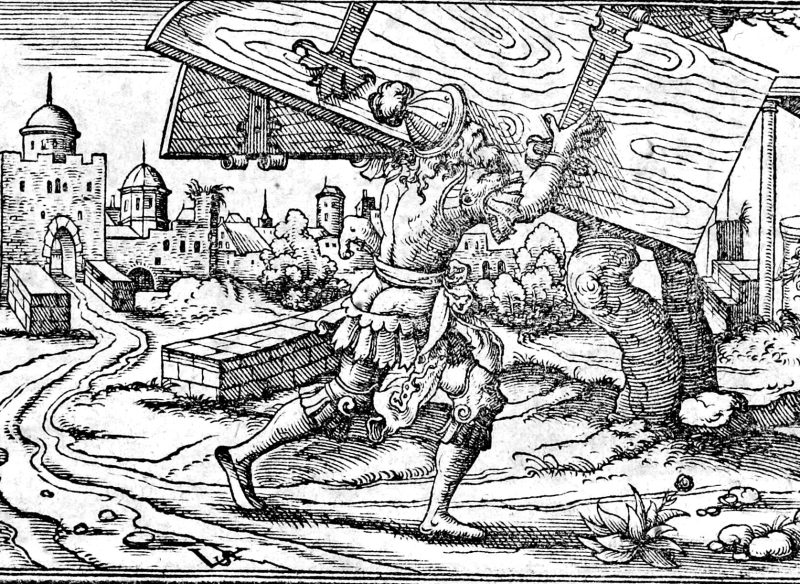 Samson Carries Away the Gates of Gaza, woodcut by Virgil Solis