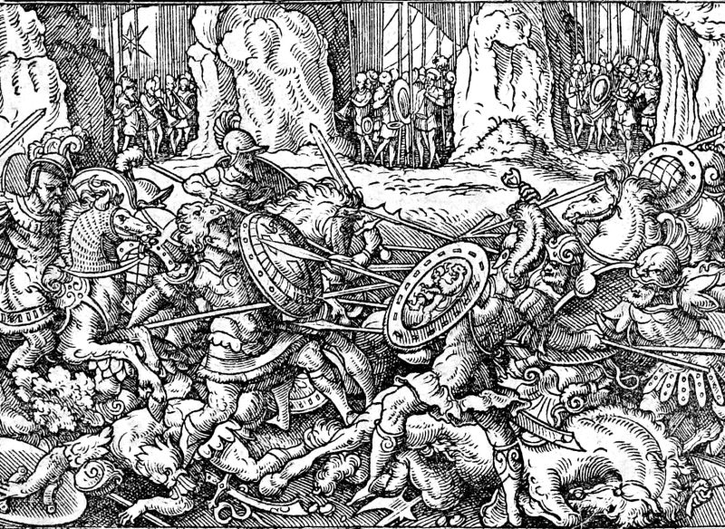 The Trumpets and the Torches, woodcut by Virgil Solis