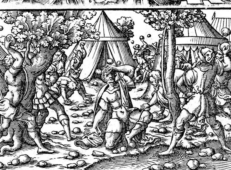 The Blasphemer Stoned, woodcut by Virgil Solis