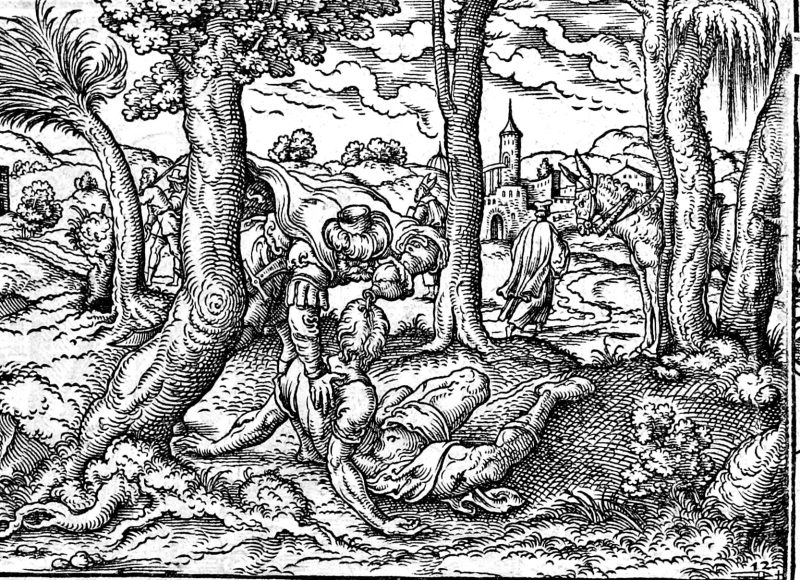 The Good Samaritan, woodcut by Virgil Solis