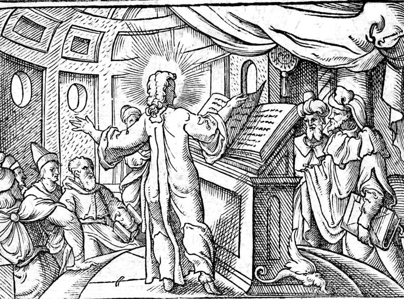 Christ Among the Doctors, woodcut by Virgil Solis
