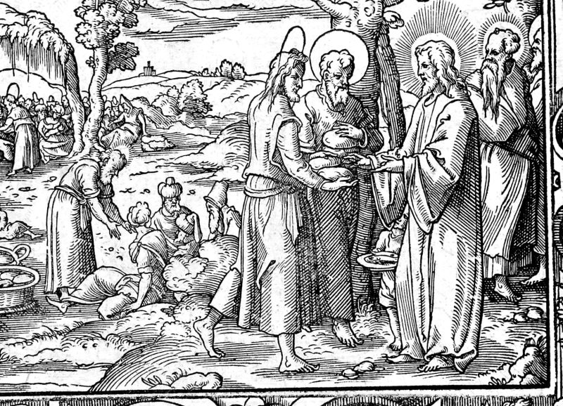 The Four Thousand Fed and Peter's Confession, woodcut by Virgil Solis