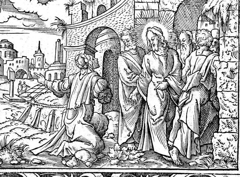 The Canaanite Woman and the Feeding of the Four Thousand, woodcut by Virgil Solis