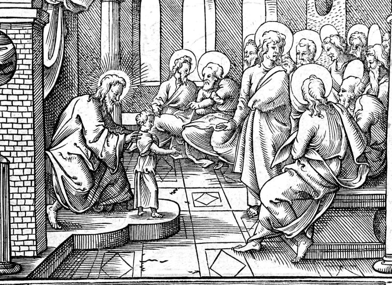 Jesus Sets a Child in the Midst, woodcut by Virgil Solis