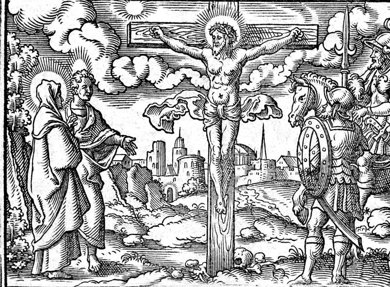 The Crucifixion at Golgotha, woodcut by Virgil Solis
