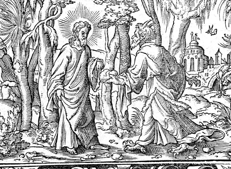 The Temptation in the Wilderness, woodcut by Virgil Solis