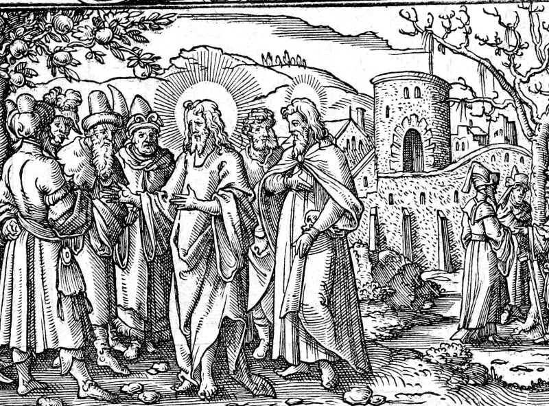 The Mote and the Beam, the Narrow Gate, woodcut by Virgil Solis