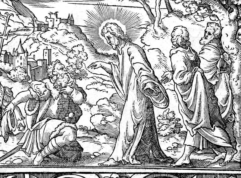 The Healings, the Storm and the Swine, woodcut by Virgil Solis