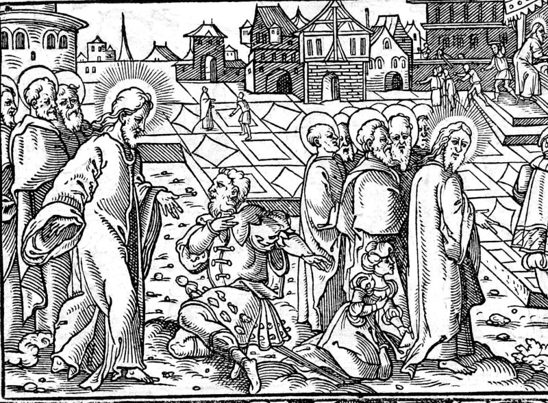 Jairus Kneels Before Christ, woodcut by Virgil Solis