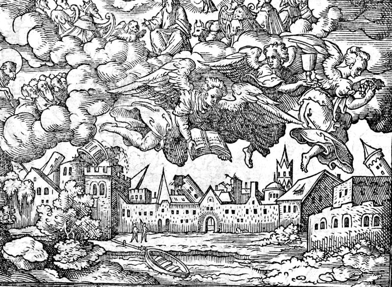 The Three Angels, woodcut by Virgil Solis