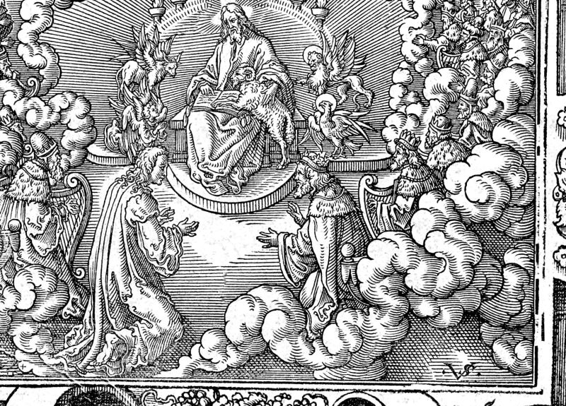 The Throne and the Sealed Book, woodcut by Virgil Solis