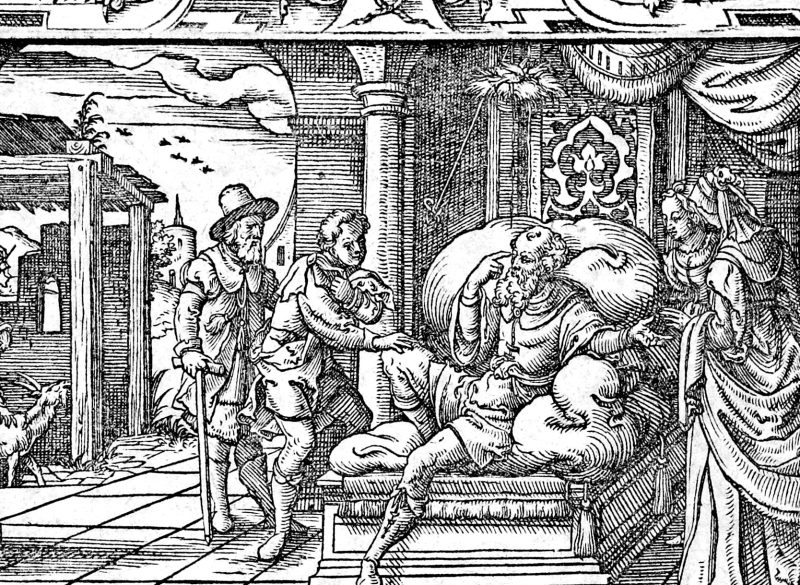 Tobit Buries the Dead, woodcut by Virgil Solis