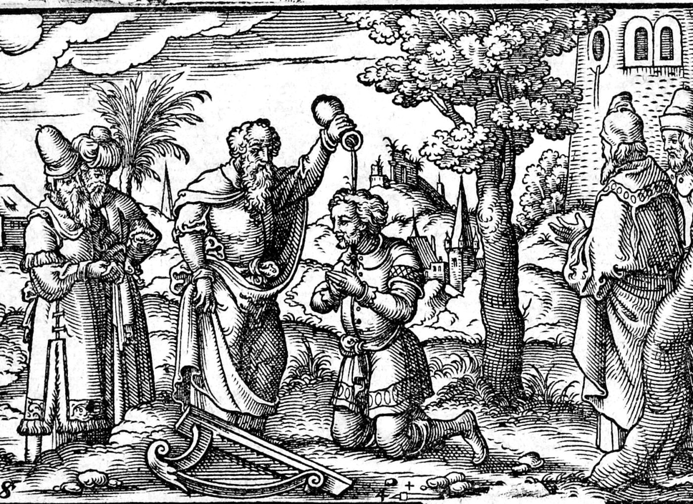 David Anointed and Saul's Torment, woodcut by Virgil Solis, 1565