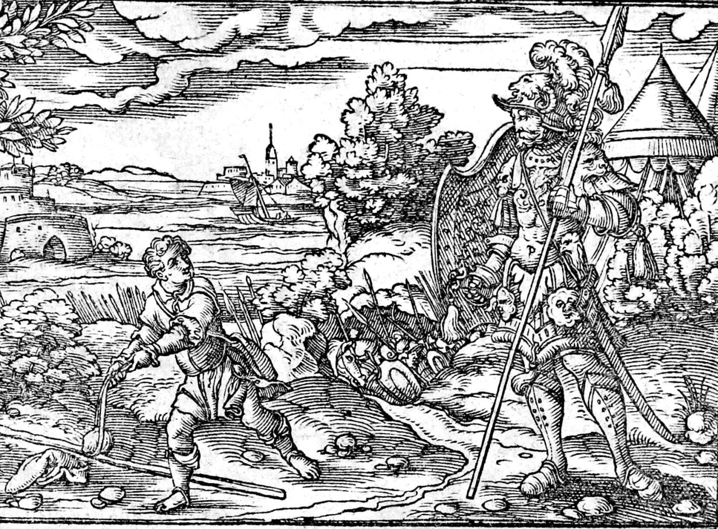 David and Goliath, woodcut by Virgil Solis, 1565