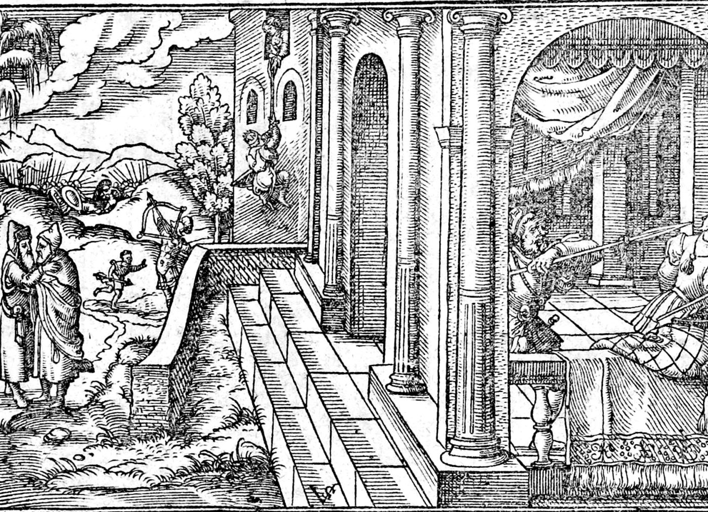 David Escapes Through the Window, woodcut by Virgil Solis, 1565