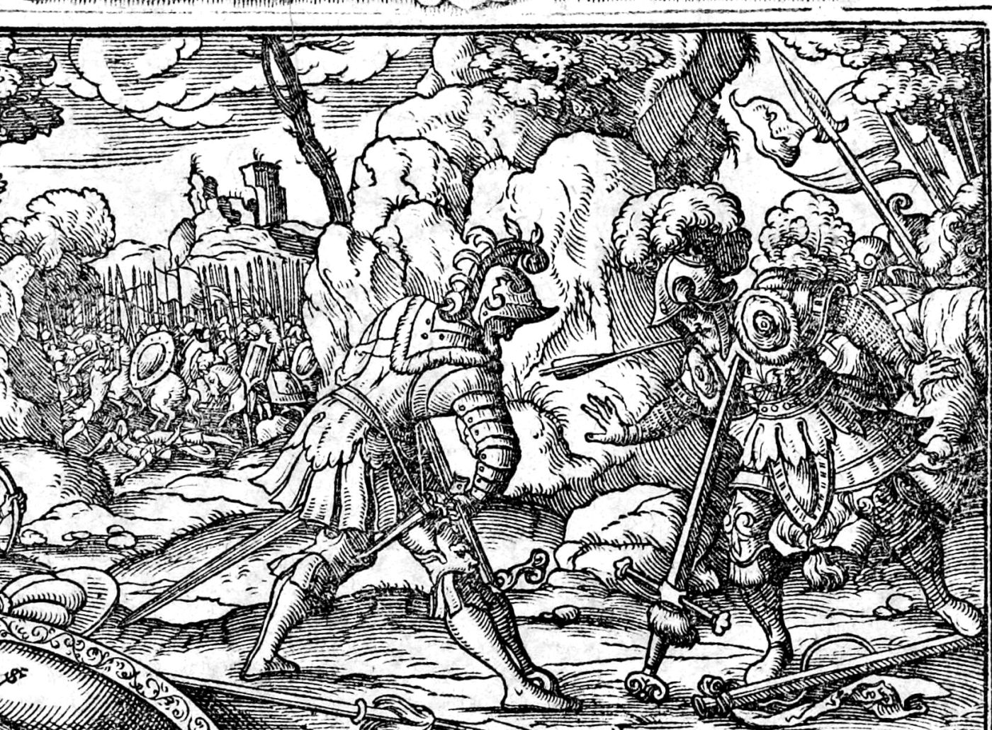 The Death of Saul, woodcut by Virgil Solis, 1565