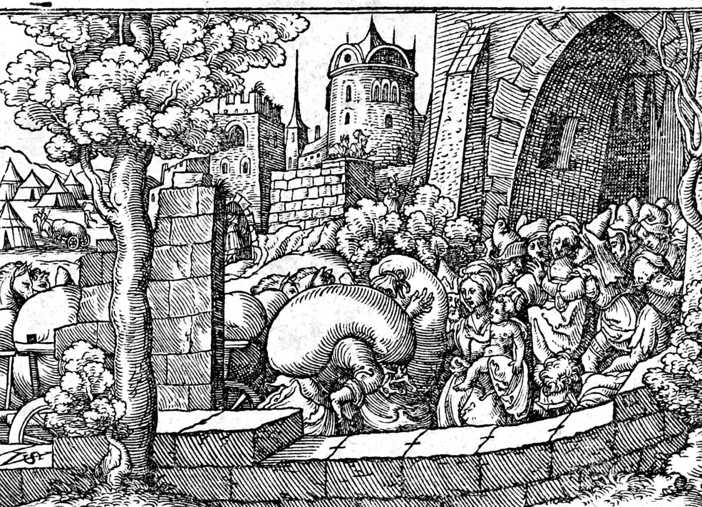 The Syrians Flee and Samaria Is Fed, woodcut by Virgil Solis, 1565