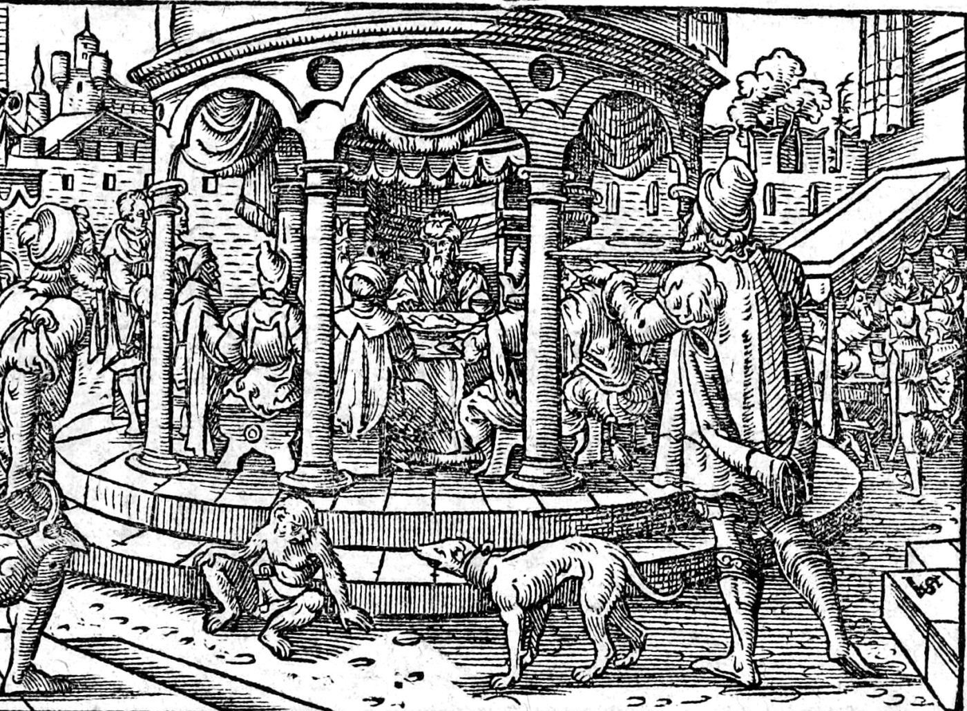 The Feast of Ahasuerus and Vashti's Refusal, woodcut by Virgil Solis, 1565