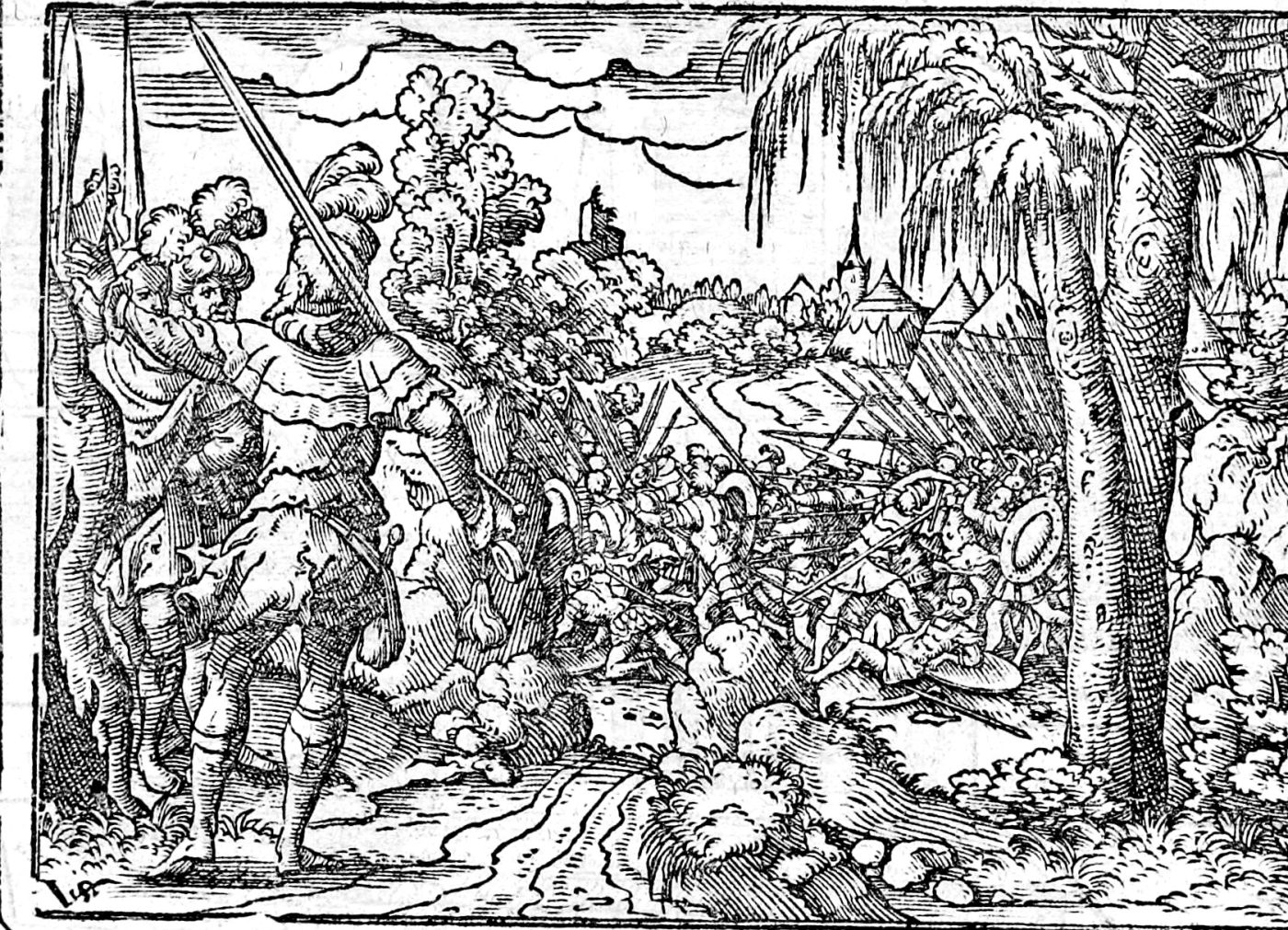 Moses' Hands Held Up Against Amalek, woodcut by Virgil Solis, 1565