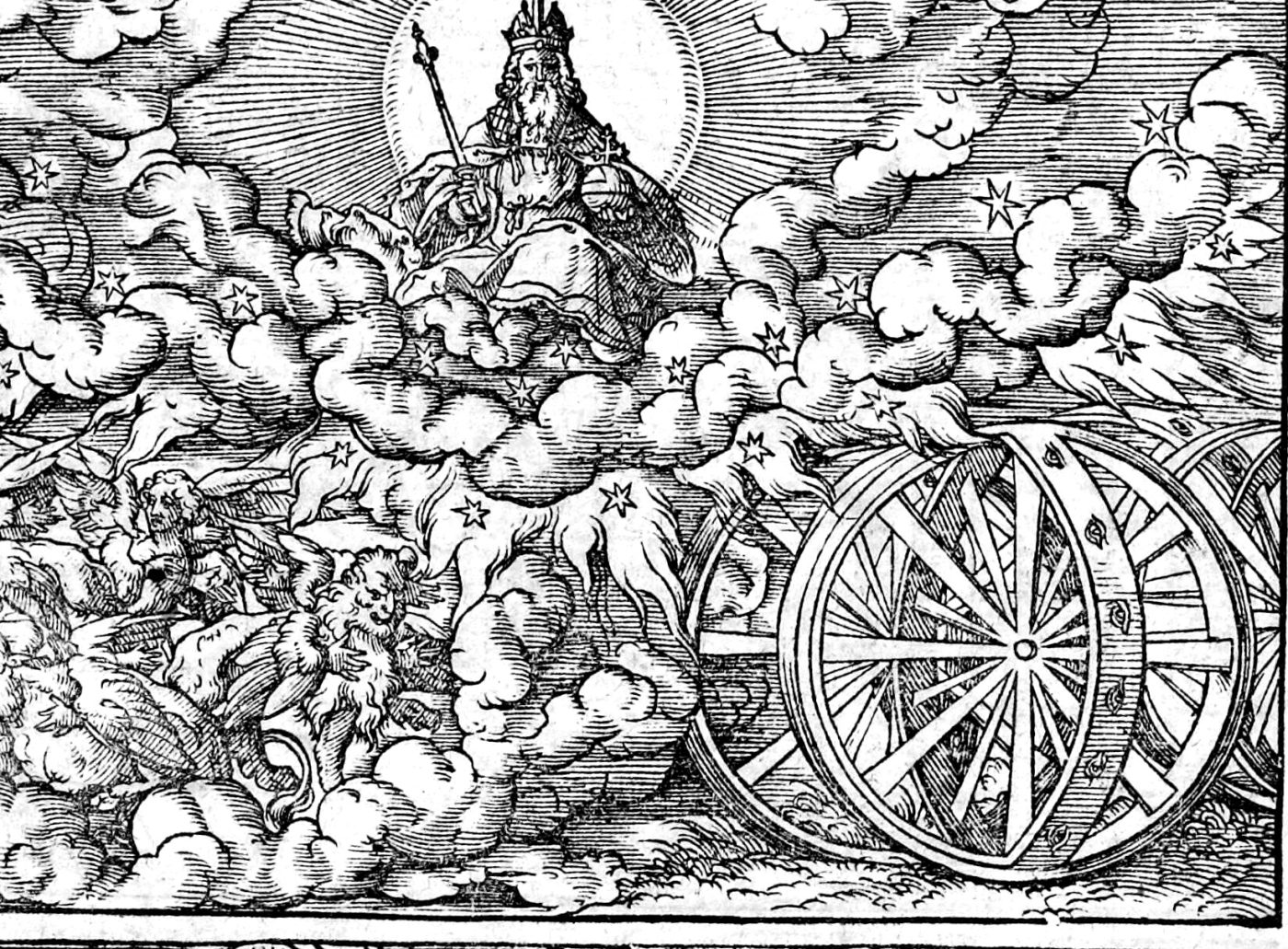 The Four Living Creatures and the Wheels, woodcut by Virgil Solis, 1565