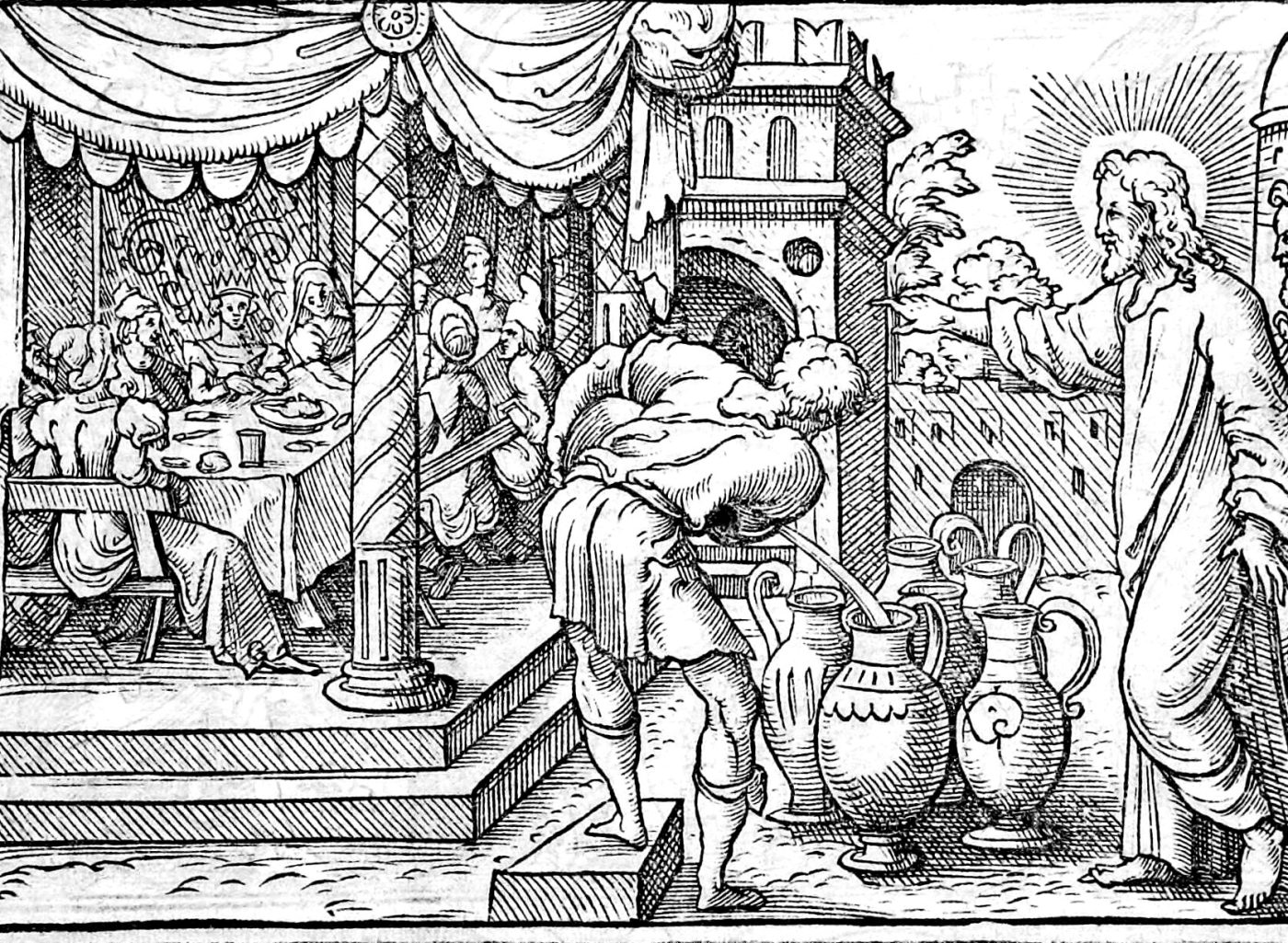 The Marriage at Cana and the Cleansing of the Temple, woodcut by Virgil Solis, 1565
