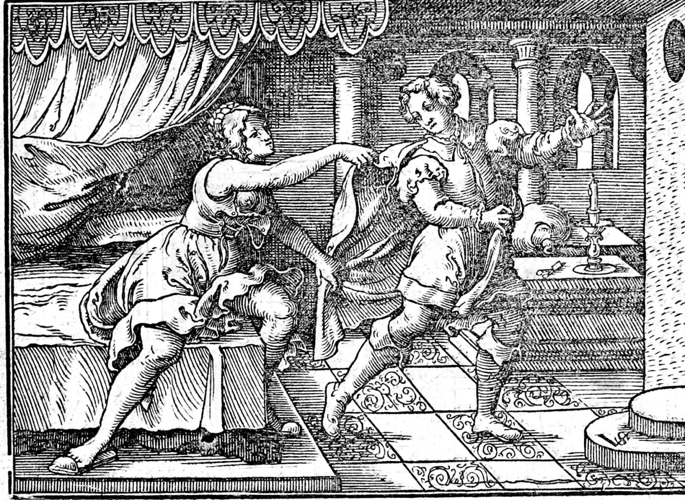 Joseph and Potiphar's Wife, woodcut by Virgil Solis, 1565
