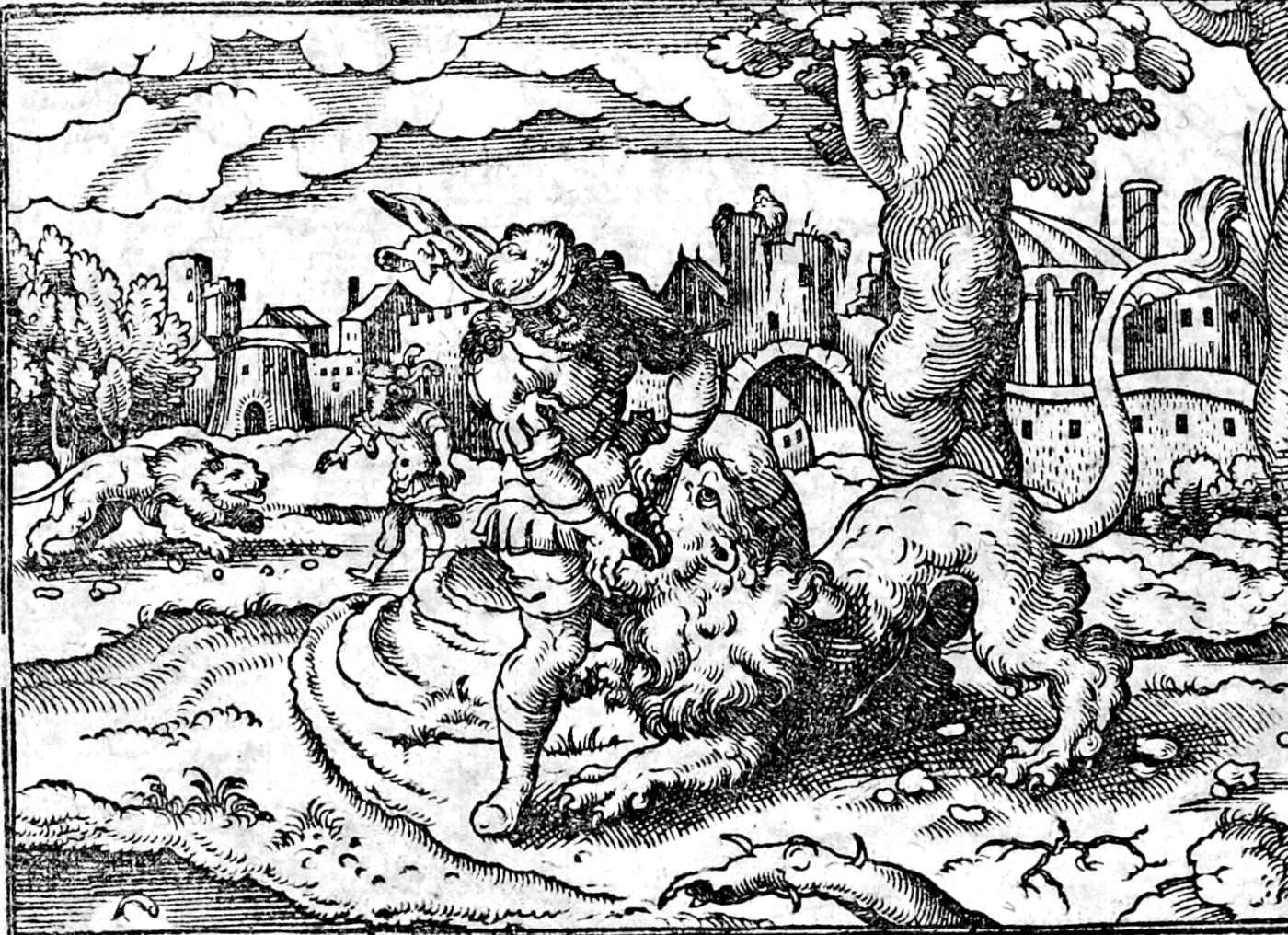Samson and the Lion, woodcut by Virgil Solis, 1565