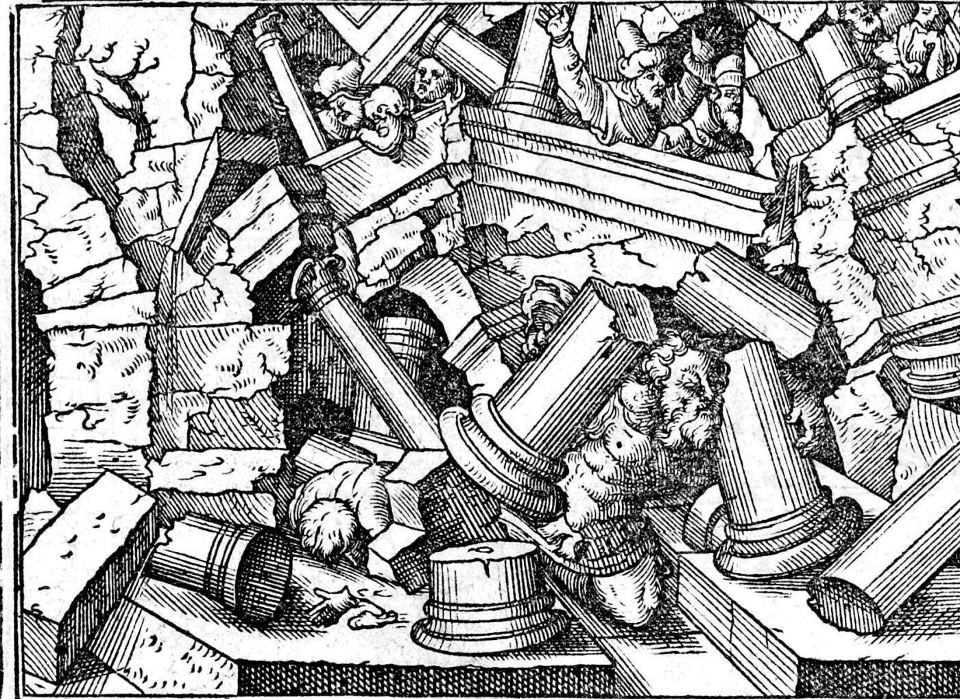 Samson Pulls Down the House, woodcut by Virgil Solis, 1565