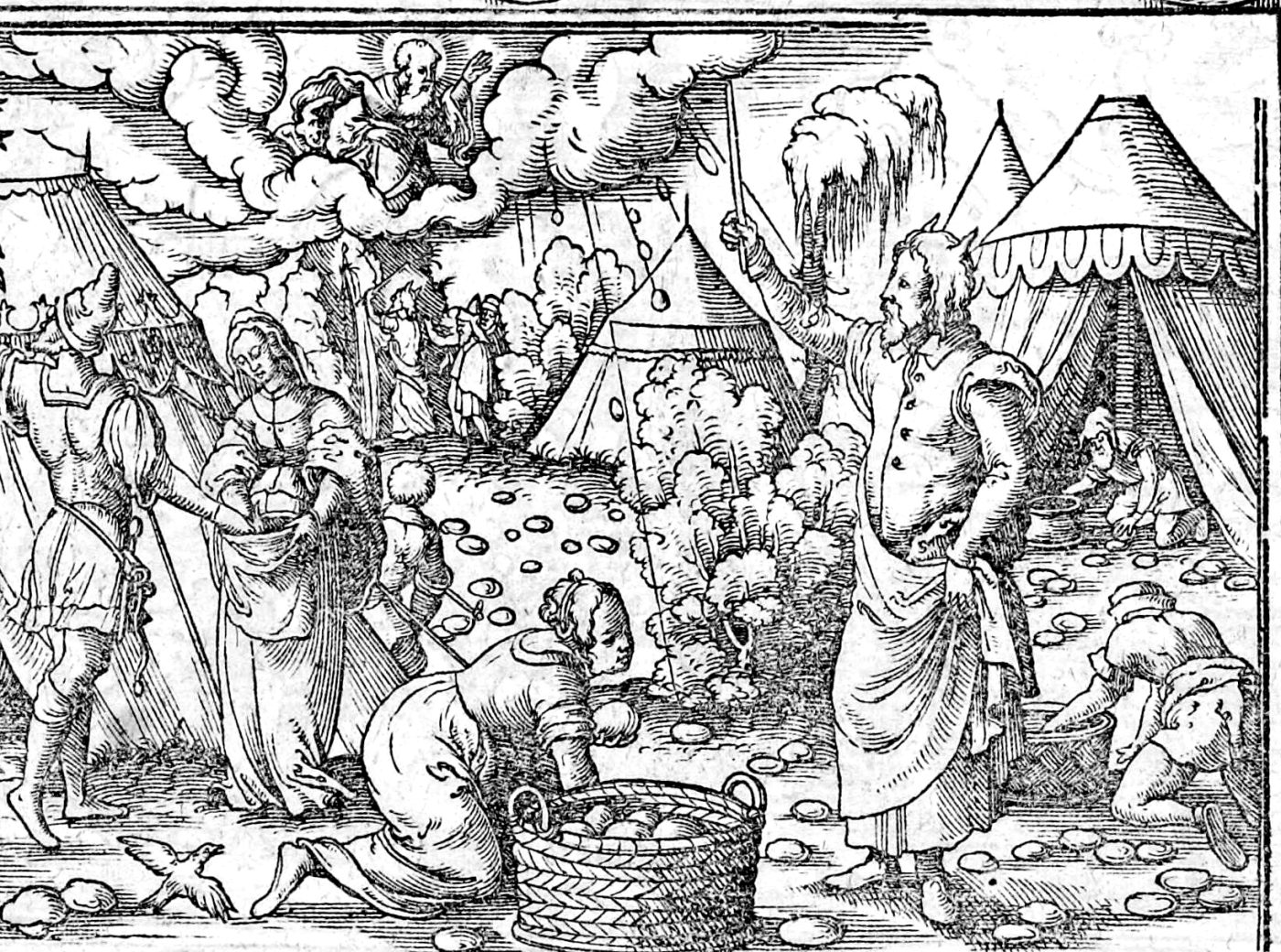 Manna and Quails, woodcut by Virgil Solis, 1565