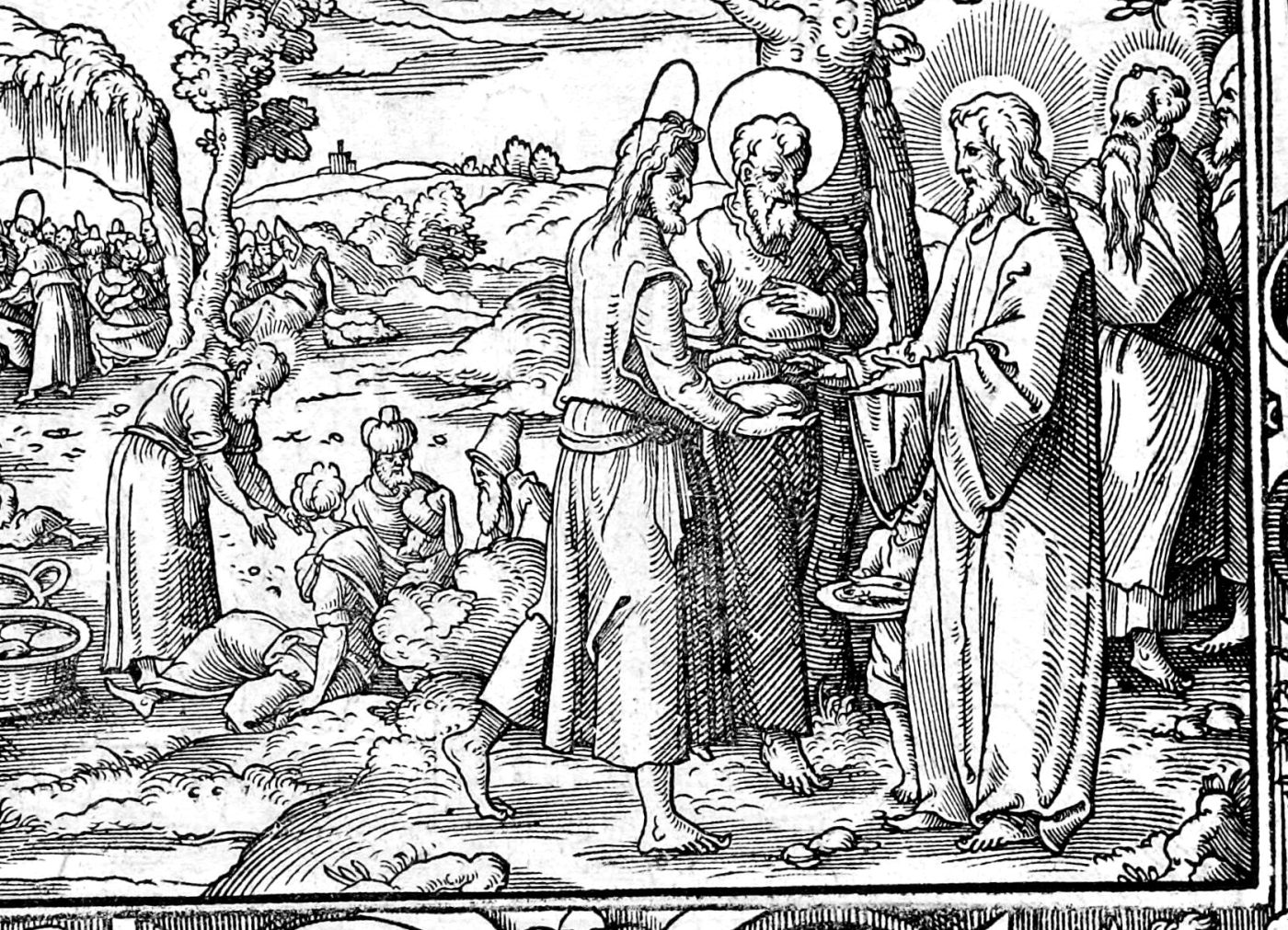 The Four Thousand Fed and Peter's Confession, woodcut by Virgil Solis, 1565