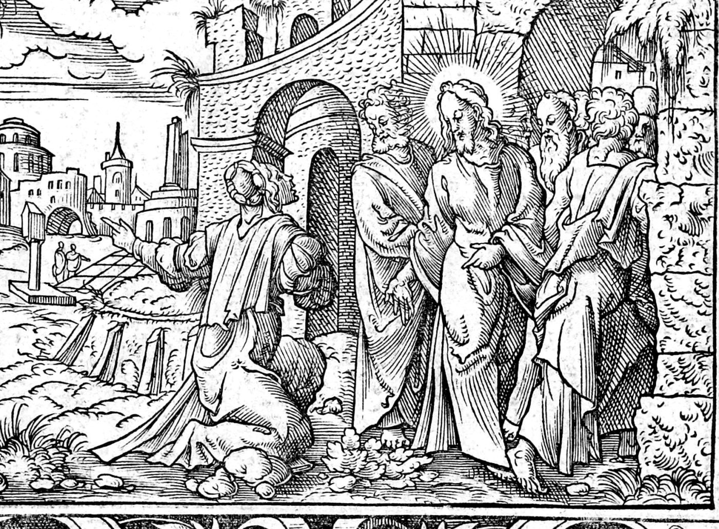 The Canaanite Woman and the Feeding of the Four Thousand, woodcut by Virgil Solis, 1565