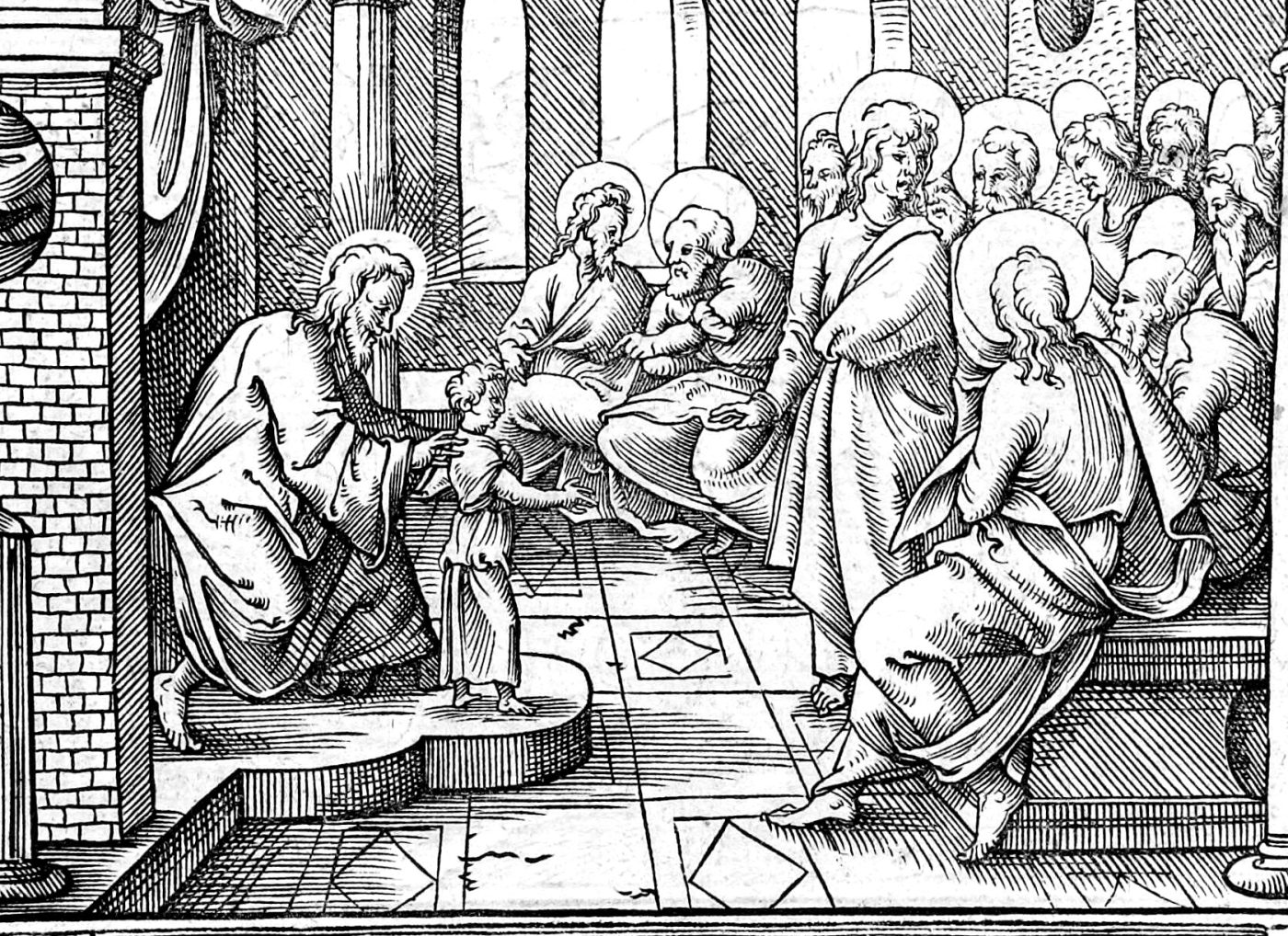 Jesus Sets a Child in the Midst, woodcut by Virgil Solis, 1565