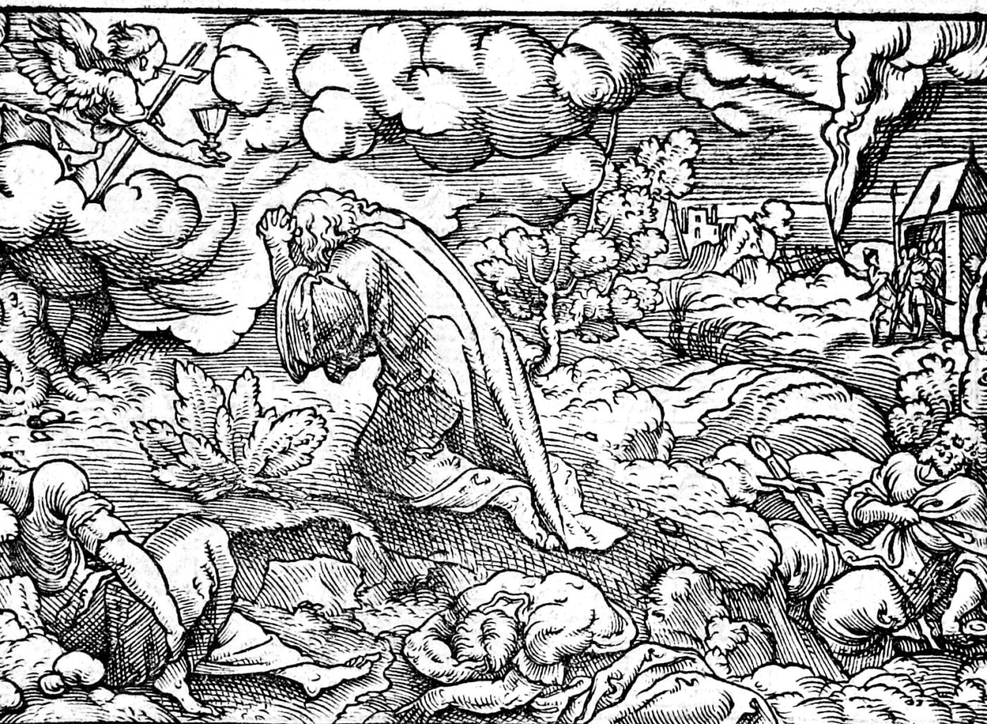 The Anointing at Bethany and the Agony in the Garden, woodcut by Virgil Solis, 1565