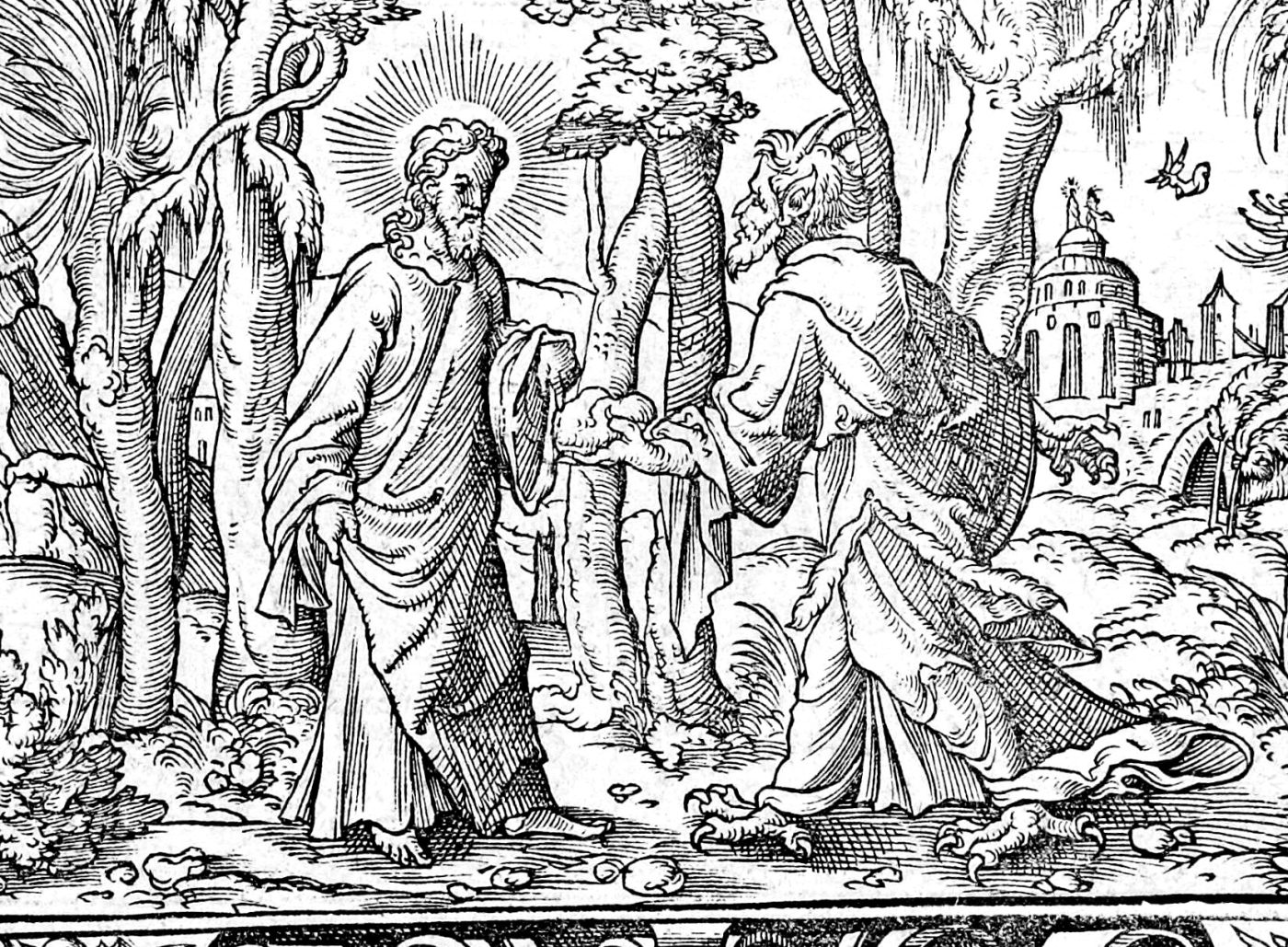 The Temptation in the Wilderness, woodcut by Virgil Solis, 1565