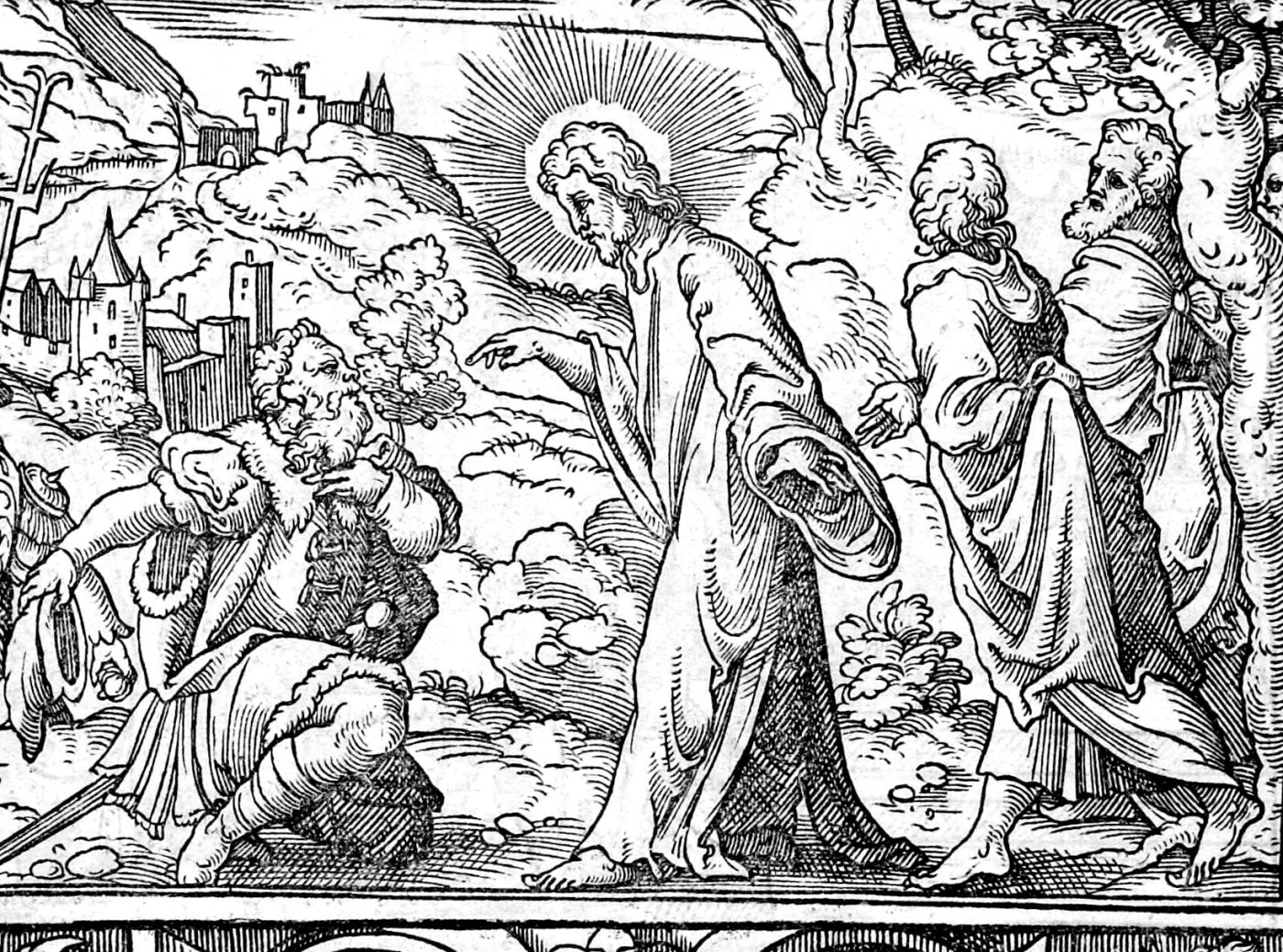 The Healings, the Storm and the Swine, woodcut by Virgil Solis, 1565