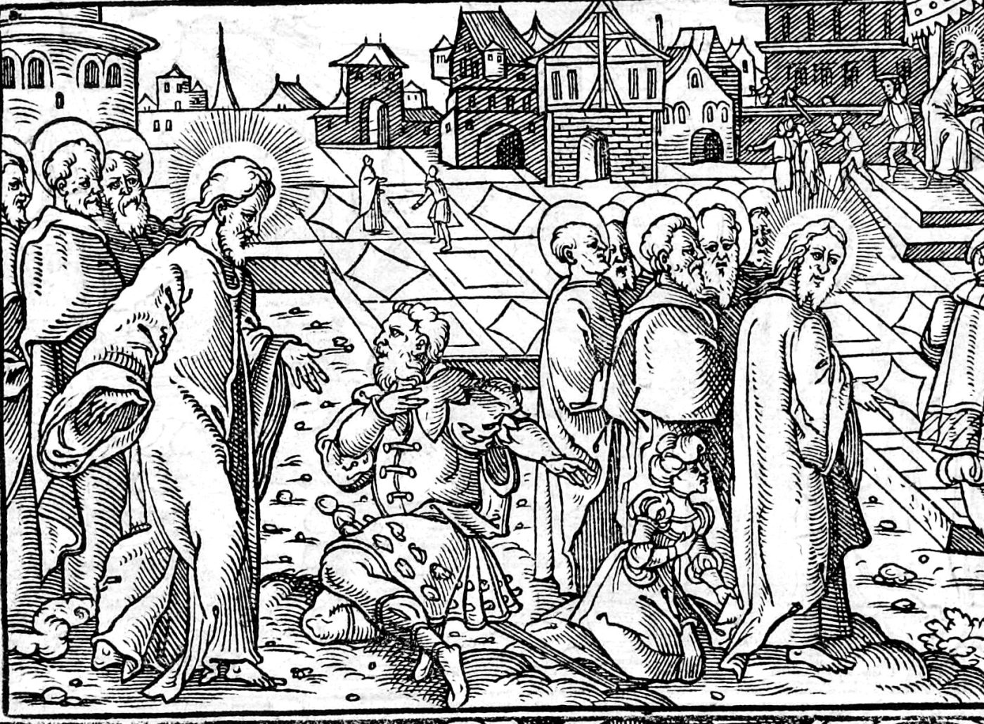 Jairus Kneels Before Christ, woodcut by Virgil Solis, 1565