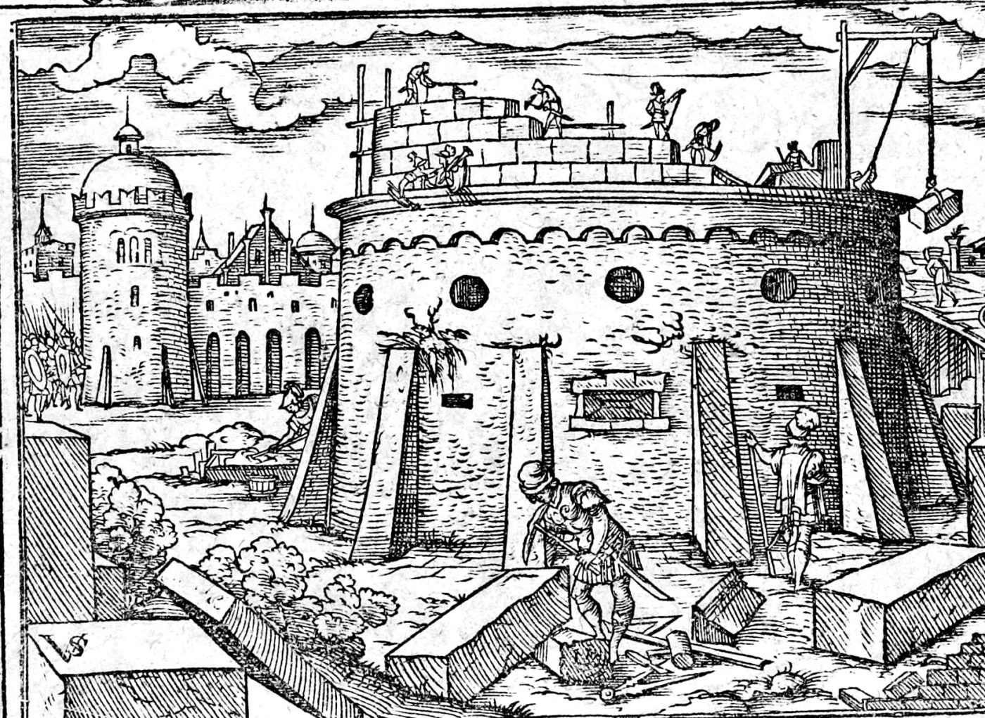 Building the Wall with Sword in Hand, woodcut by Virgil Solis, 1565