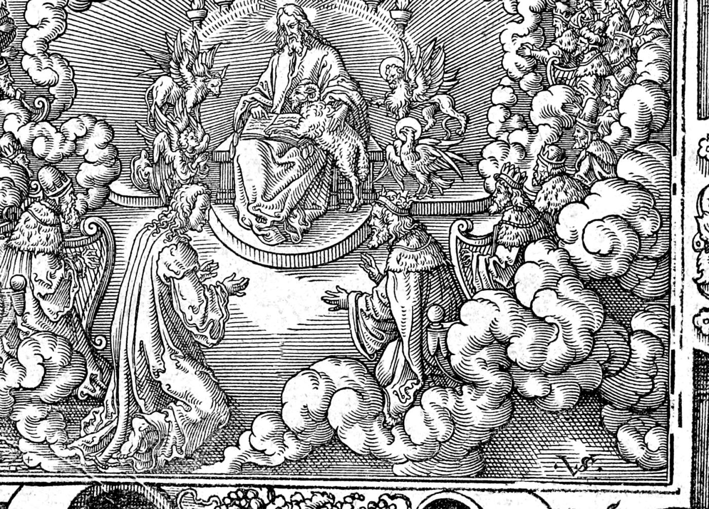 The Throne and the Sealed Book, woodcut by Virgil Solis, 1565