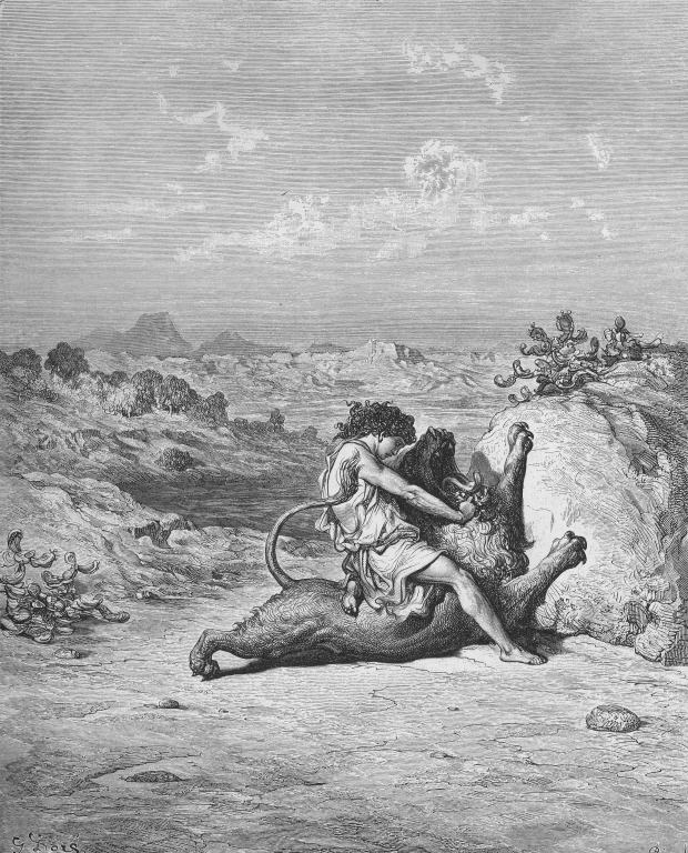 Samson Slaying a Lion, engraved by Gustave Dore