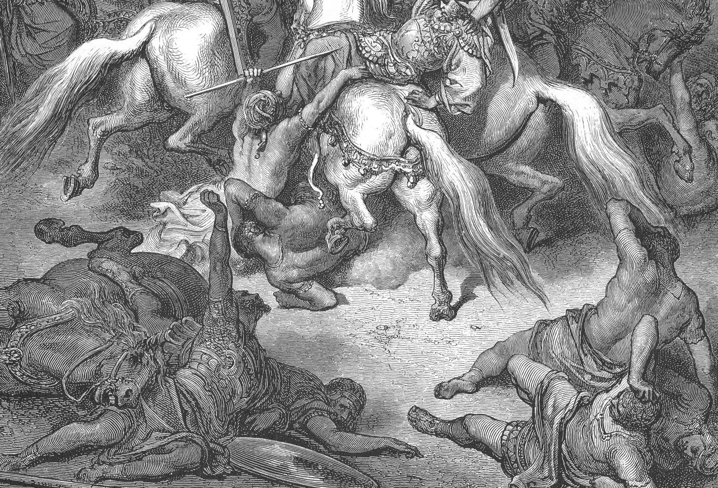 Abishai Saves the Life of David, wood engraving by Gustave Doré, illustrating 2 Samuel 21:17