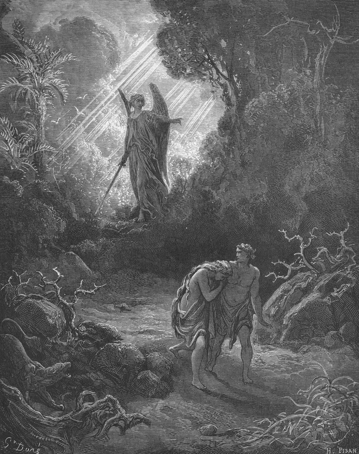Adam and Eve Driven out of Eden, wood engraving by Gustave Doré, illustrating Genesis 3:24