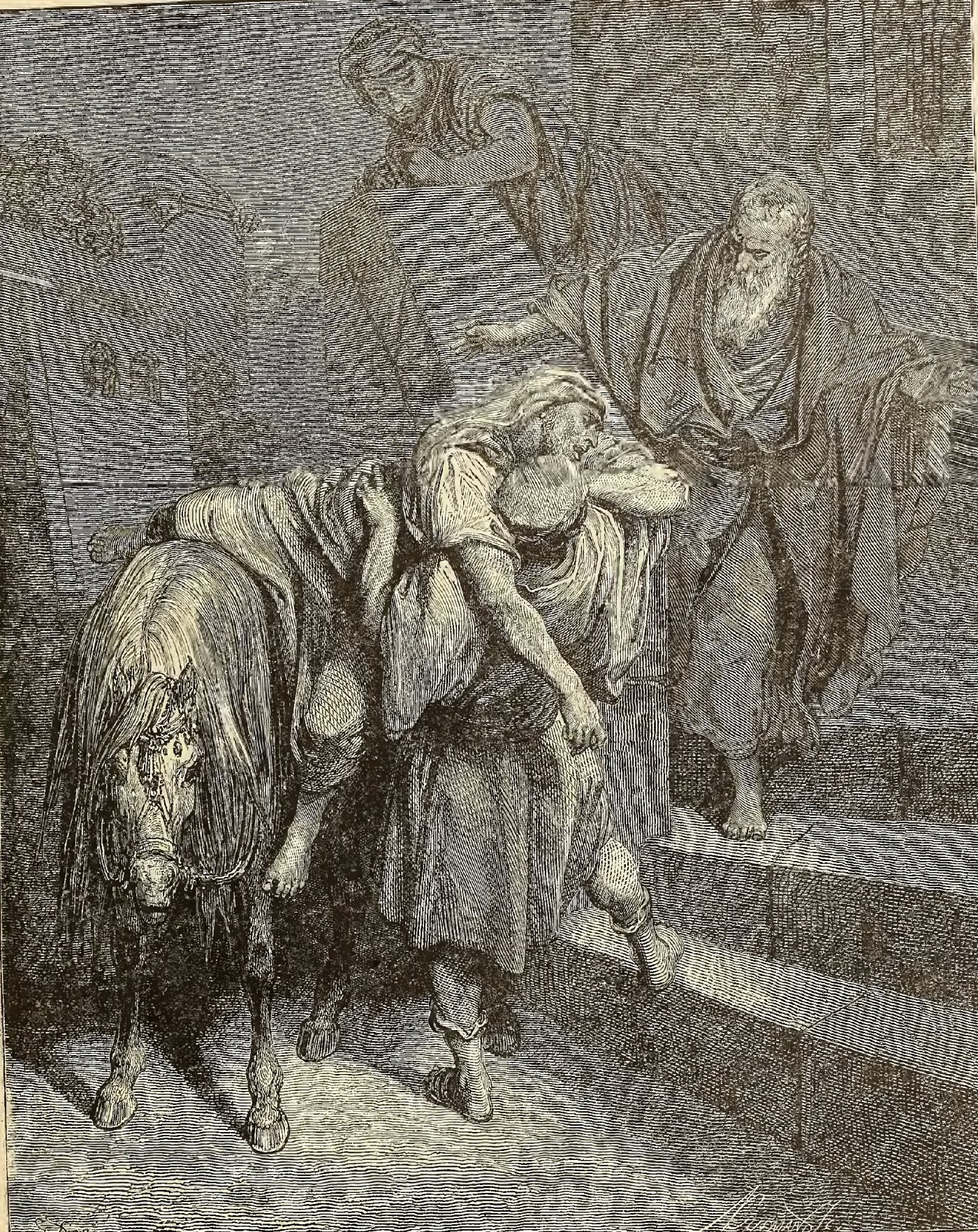 Arrival of the Good Samaritan at the Inn, wood engraving by Gustave Doré, illustrating Luke 10:34