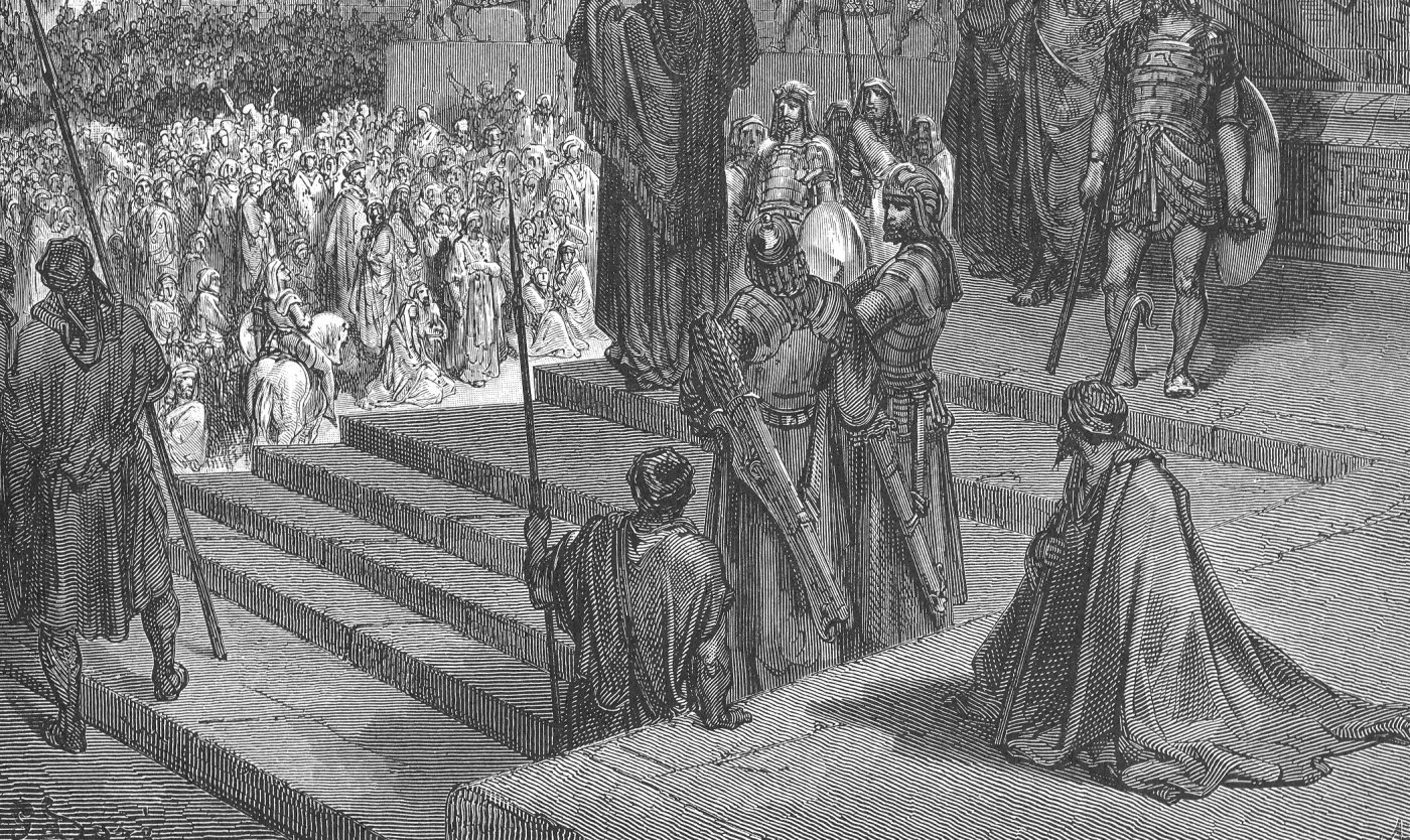 Artaxerxes Granting Liberty to the Jews, wood engraving by Gustave Doré, illustrating Ezra 7:13